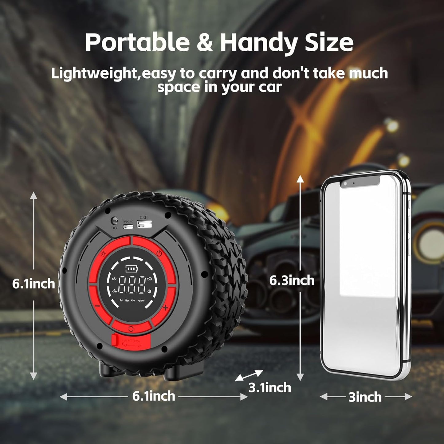 Jump Starter with Air Compressor, 5000A 150PSI Car Battery Jump Starter (All Gas/9.0L Diesel), 12V Jump Box Car Battery Jumper Starter Portable with Smart Jumper Cables, Tire Inflator, LED Light