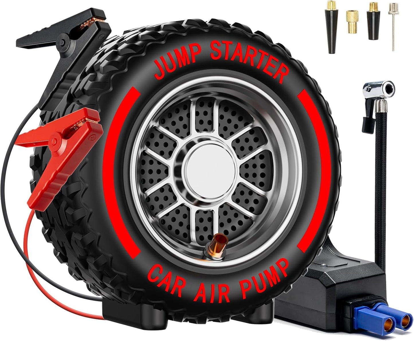 Jump Starter with Air Compressor, 5000A 150PSI Car Battery Jump Starter (All Gas/9.0L Diesel), 12V Jump Box Car Battery Jumper Starter Portable with Smart Jumper Cables, Tire Inflator, LED Light