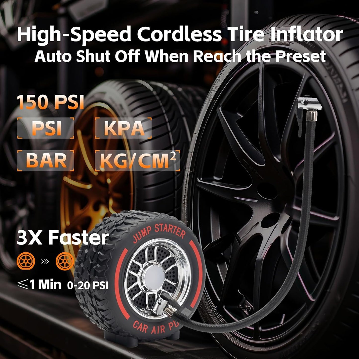 Jump Starter with Air Compressor, 5000A 150PSI Car Battery Jump Starter (All Gas/9.0L Diesel), 12V Jump Box Car Battery Jumper Starter Portable with Smart Jumper Cables, Tire Inflator, LED Light