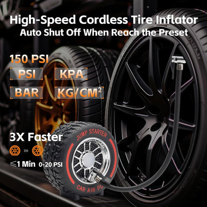 Jump Starter with Air Compressor, 5000A 150PSI Car Battery Jump Starter (All Gas/9.0L Diesel), 12V Jump Box Car Battery Jumper Starter Portable with Smart Jumper Cables, Tire Inflator, LED Light