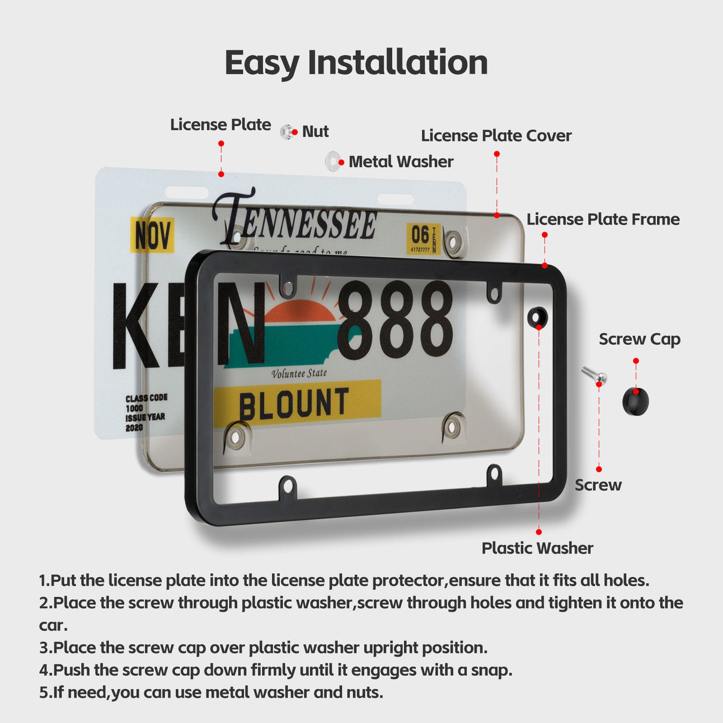License Plate Cover & Frames, 2 Pack Clear License Plate Protector, ABS Car Front/Rear License Plate Frame with Screws Caps, Fit Any Standard US Plates