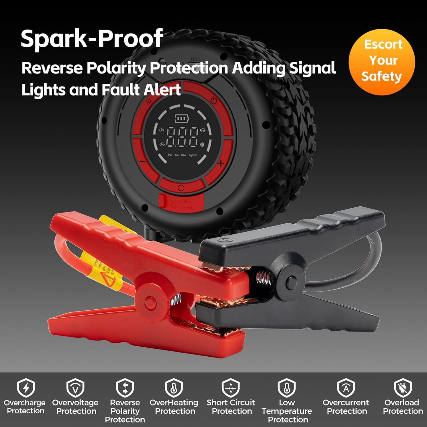 Jump Starter with Air Compressor, 5000A 150PSI Car Battery Jump Starter (All Gas/9.0L Diesel), 12V Jump Box Car Battery Jumper Starter Portable with Smart Jumper Cables, Tire Inflator, LED Light